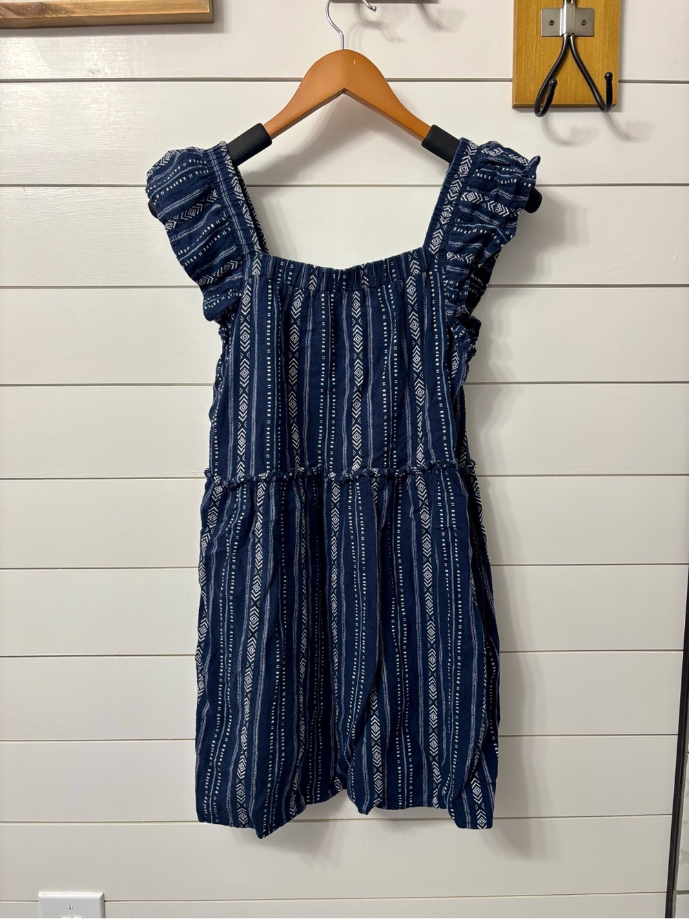 Time and Tru Navy and White Striped Ruffle-Sleeve Dress